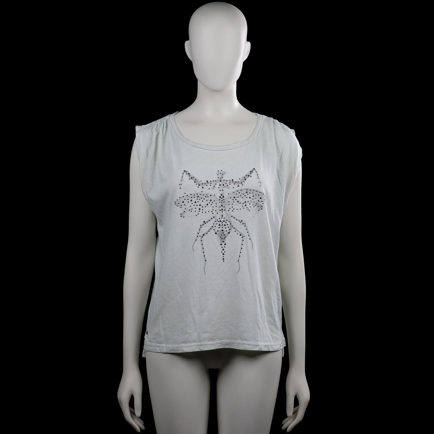 Edc - T-shirt - Light Gray - Size M - Light gray sleeveless top with a round neckline and straight hem. Features a large insect graphic on the front with studded embellishment.