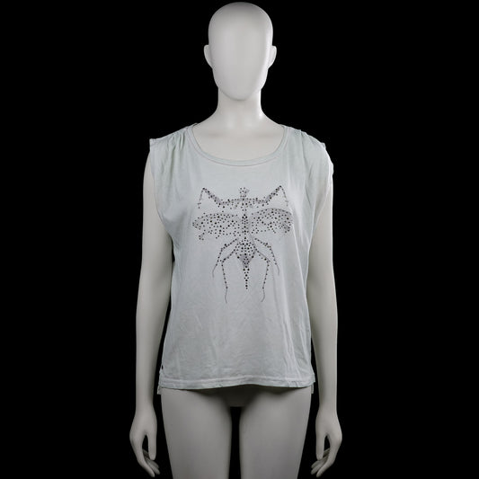 Edc - T-shirt - Light Gray - Size M - Light gray sleeveless top with a round neckline and straight hem. Features a large insect graphic on the front with studded embellishment.
