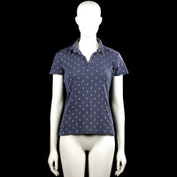 Pescara - T-shirt - Navy & White - Size M - Navy polo shirt with short sleeves and a polo collar with a V-slit opening. Features an all-over small white print and a straight hem.