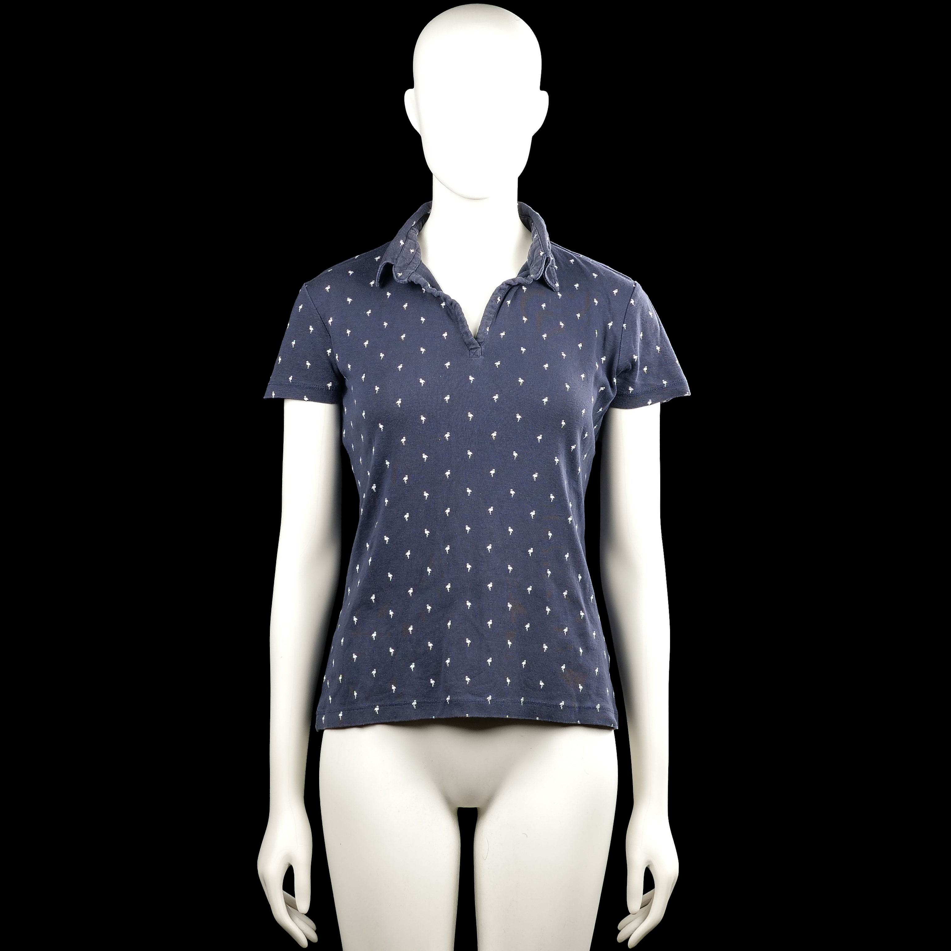 Pescara - T-shirt - Navy & White - Size M - Navy polo shirt with short sleeves and a polo collar with a V-slit opening. Features an all-over small white print and a straight hem.