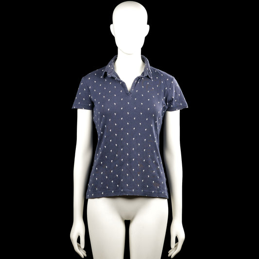Pescara - T-shirt - Navy & White - Size M - Navy polo shirt with short sleeves and a polo collar with a V-slit opening. Features an all-over small white print and a straight hem.