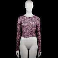 Long-sleeve top - Black & Pink - Size XS - Black long-sleeve top with an all-over pink floral pattern and a round neckline. Straight hem and plain cuffs.