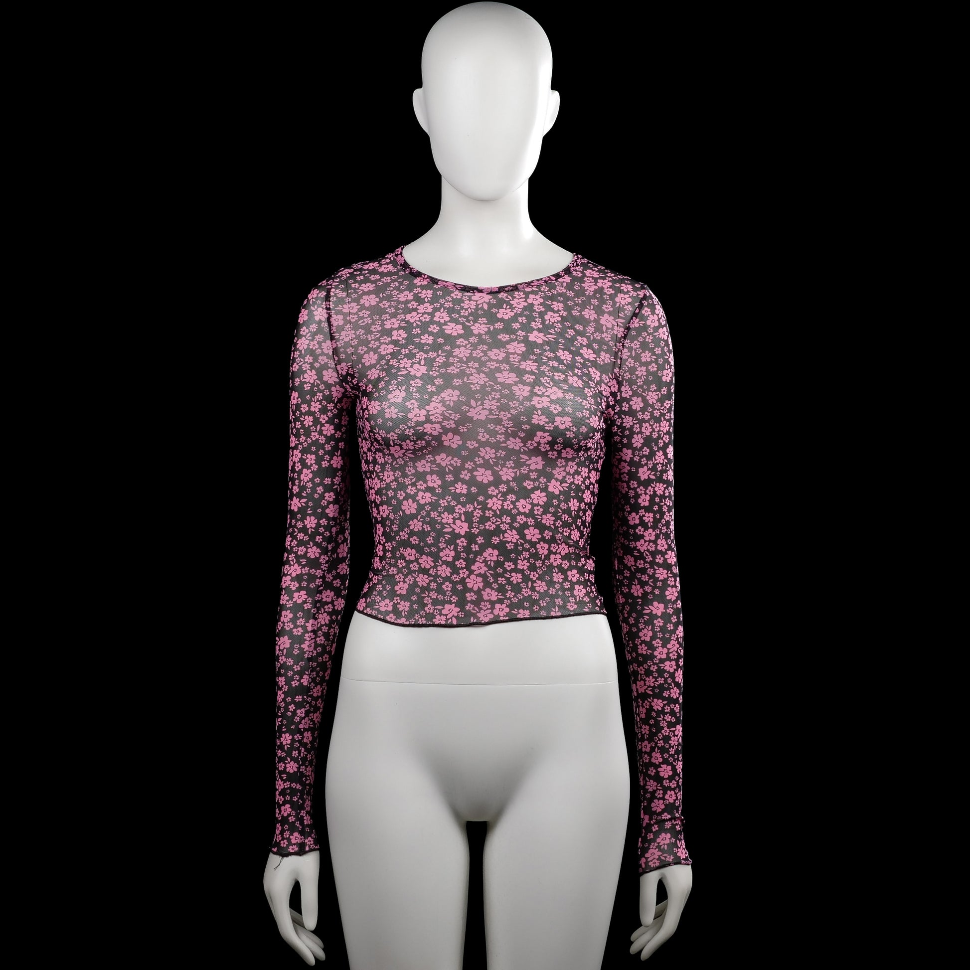 Long-sleeve top - Black & Pink - Size XS - Black long-sleeve top with an all-over pink floral pattern and a round neckline. Straight hem and plain cuffs.