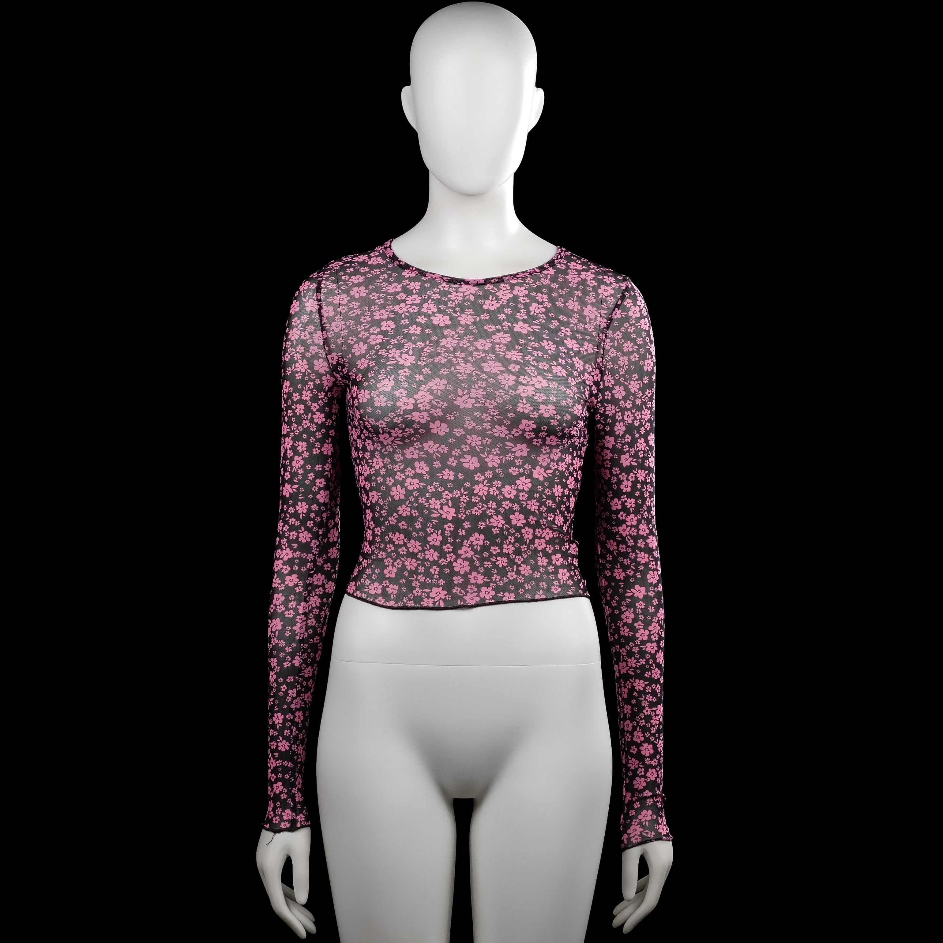 Long-sleeve top - Black & Pink - Size XS - Black long-sleeve top with an all-over pink floral pattern and a round neckline. Straight hem and plain cuffs.