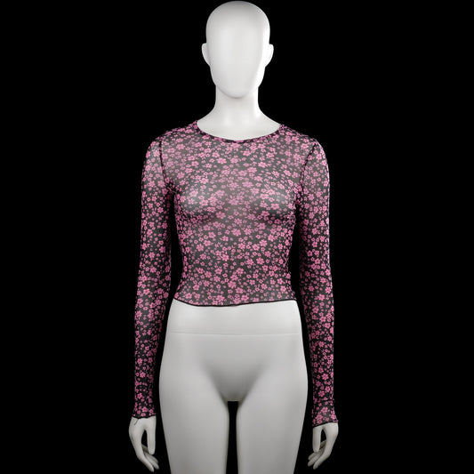 Long-sleeve top - Black & Pink - Size XS - Black long-sleeve top with an all-over pink floral pattern and a round neckline. Straight hem and plain cuffs.