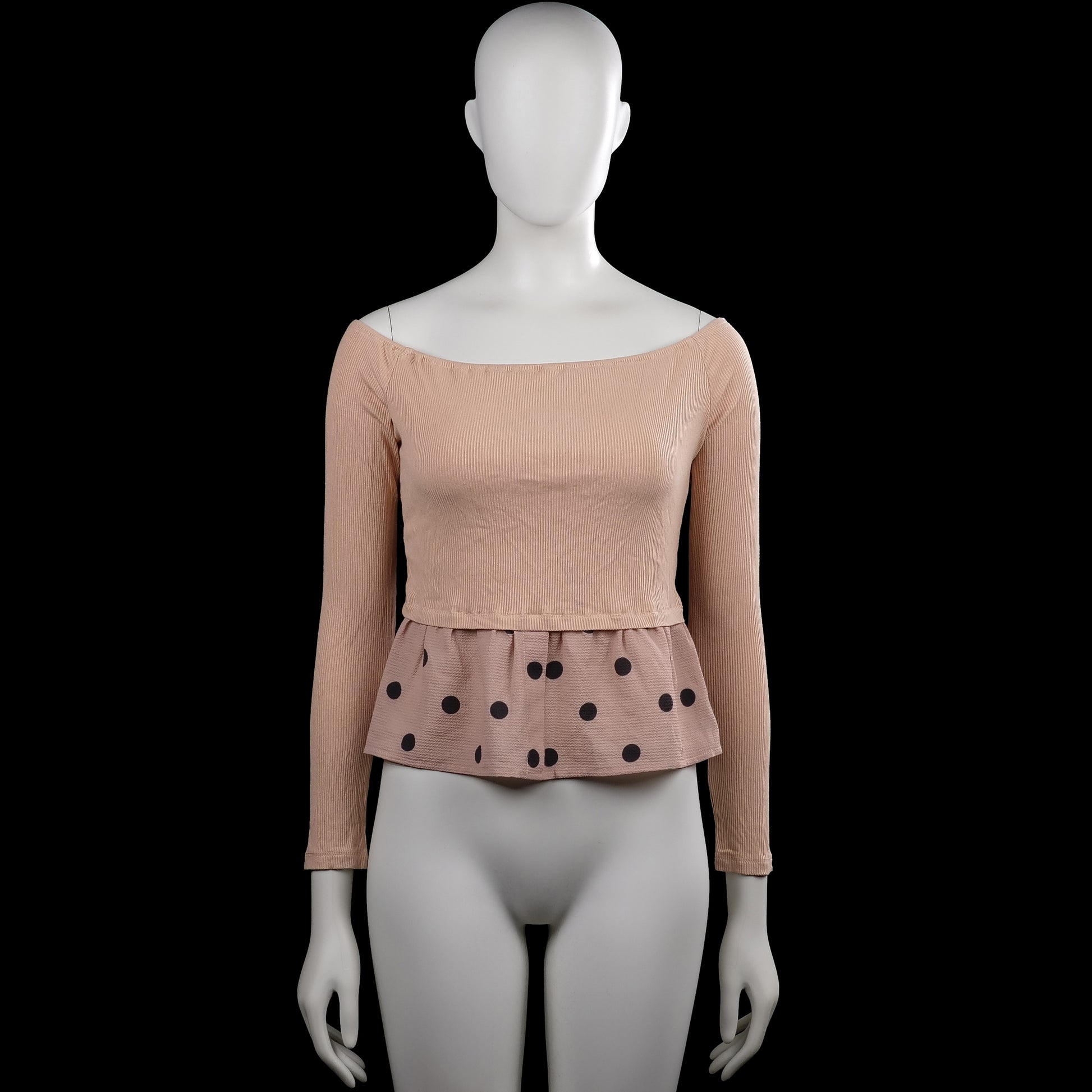 Shein - Long-sleeve top - Beige & Pink - Size S - Beige ribbed long-sleeve top with an off-shoulder neckline and straight hem. Features plain cuffs and no visible closures.