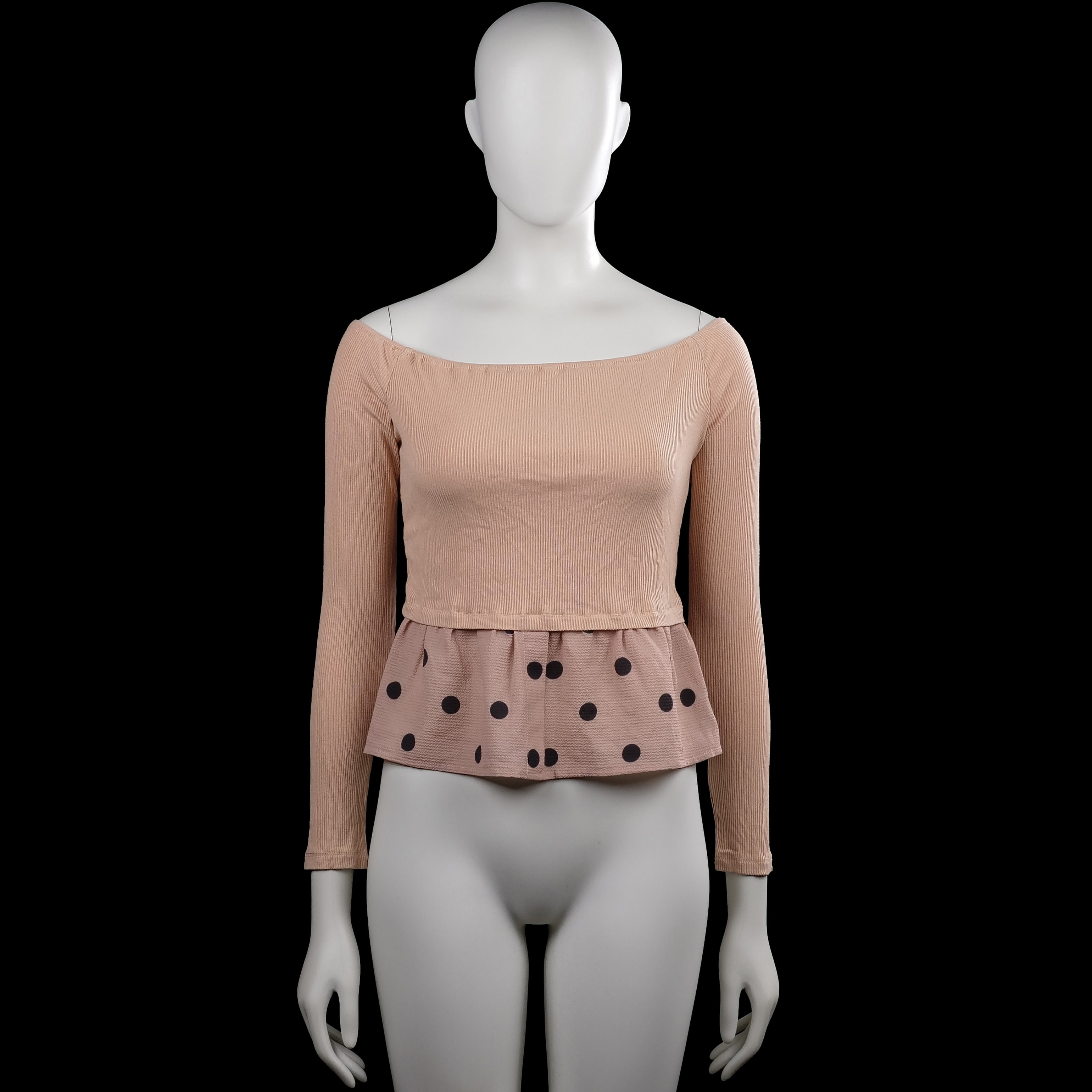 Shein - Long-sleeve top - Beige & Pink - Size S - Beige ribbed long-sleeve top with an off-shoulder neckline and straight hem. Features plain cuffs and no visible closures.