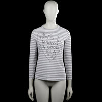 Please - Long-sleeve top - White & Light Gray - Size M - White and light gray striped top with a round neck and long sleeves. Features a front heart outline with text print and a straight hem with plain cuffs.