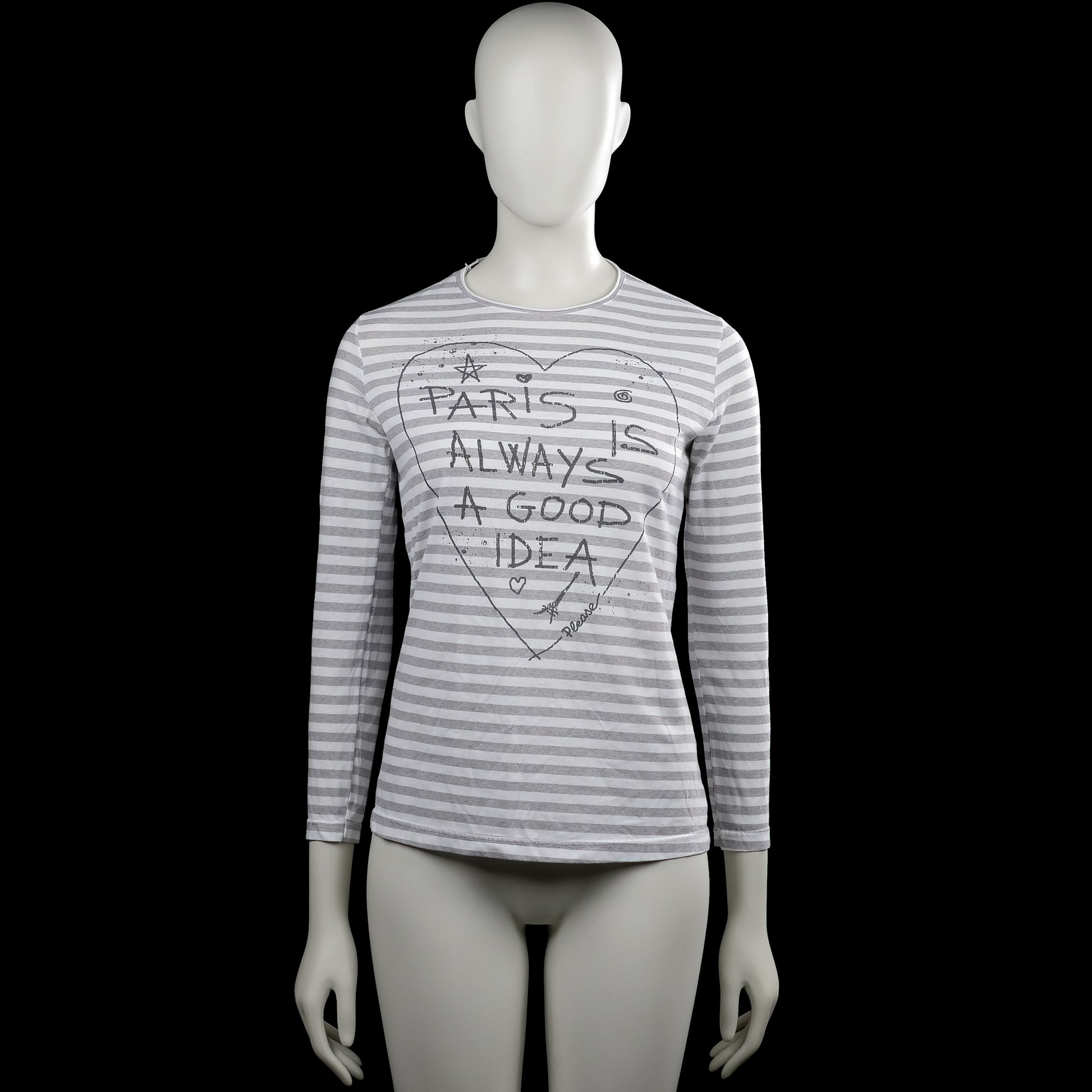Please - Long-sleeve top - White & Light Gray - Size M - White and light gray striped top with a round neck and long sleeves. Features a front heart outline with text print and a straight hem with plain cuffs.