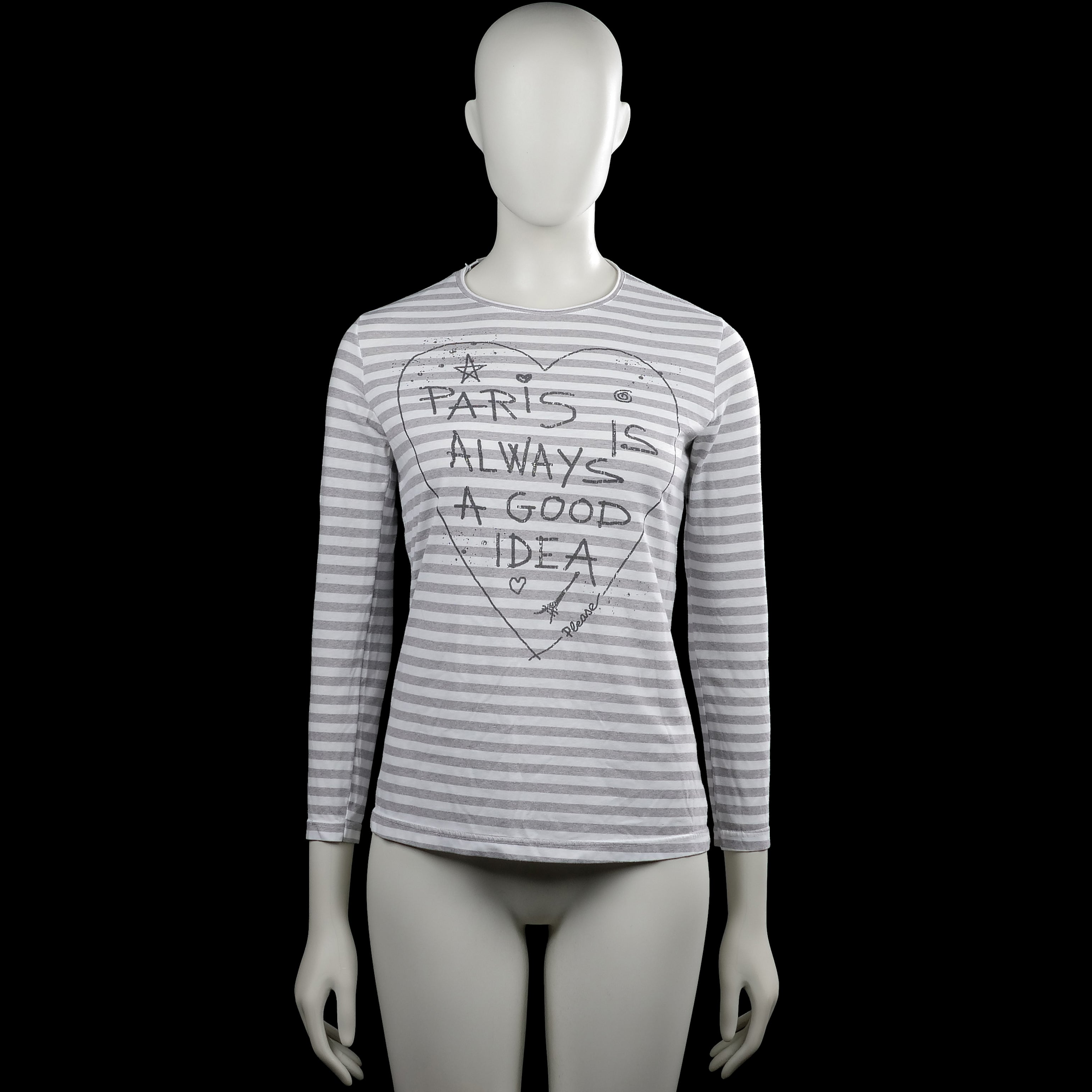 Please - Long-sleeve top - White & Light Gray - Size M - White and light gray striped top with a round neck and long sleeves. Features a front heart outline with text print and a straight hem with plain cuffs.