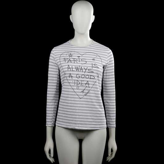 Please - Long-sleeve top - White & Light Gray - Size M - White and light gray striped top with a round neck and long sleeves. Features a front heart outline with text print and a straight hem with plain cuffs.