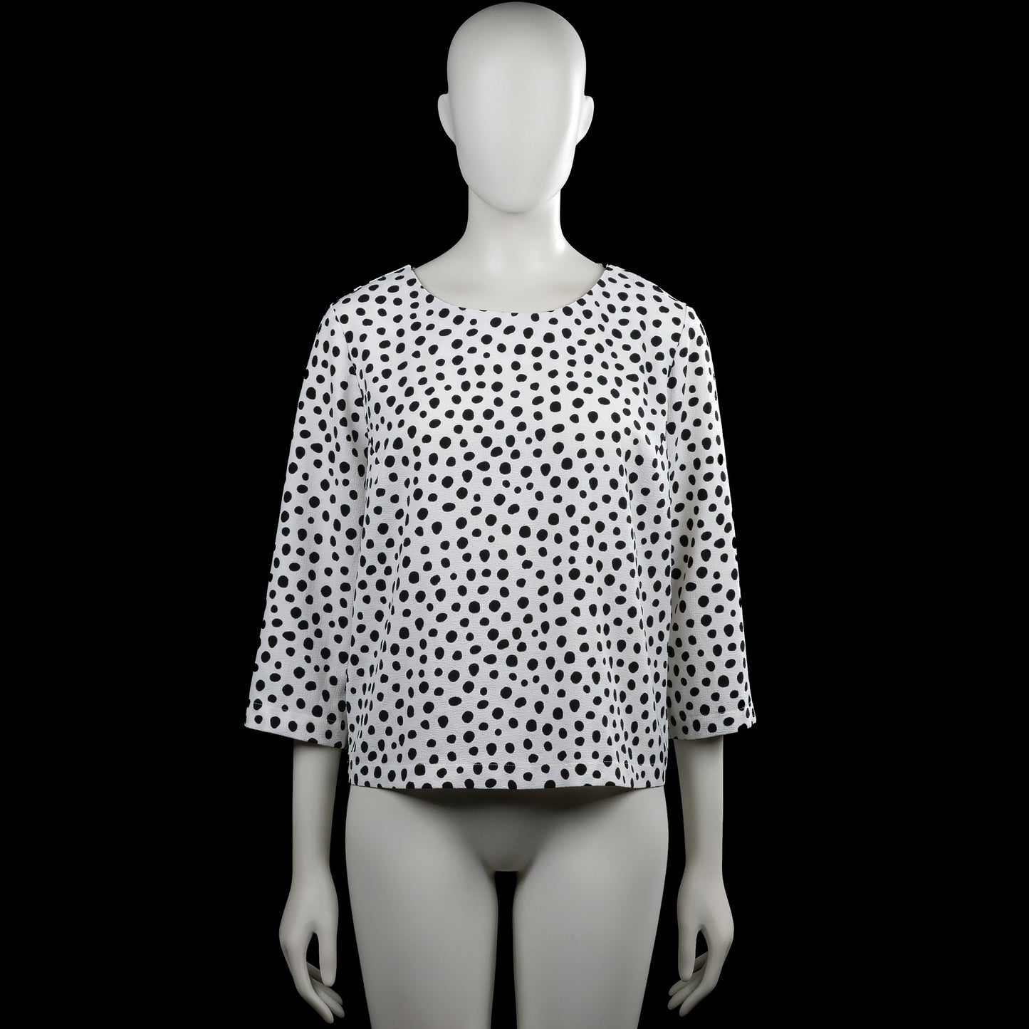 Opus - Long-sleeve top - White & Black - Size 38 - White top with black polka-dot pattern and a round neckline. Three-quarter sleeves with plain cuffs and a straight hem.