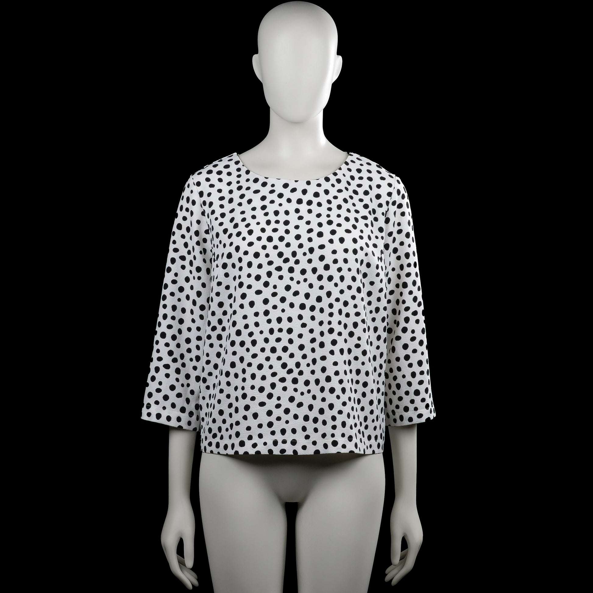 Opus - Long-sleeve top - White & Black - Size 38 - White top with black polka-dot pattern and a round neckline. Three-quarter sleeves with plain cuffs and a straight hem.