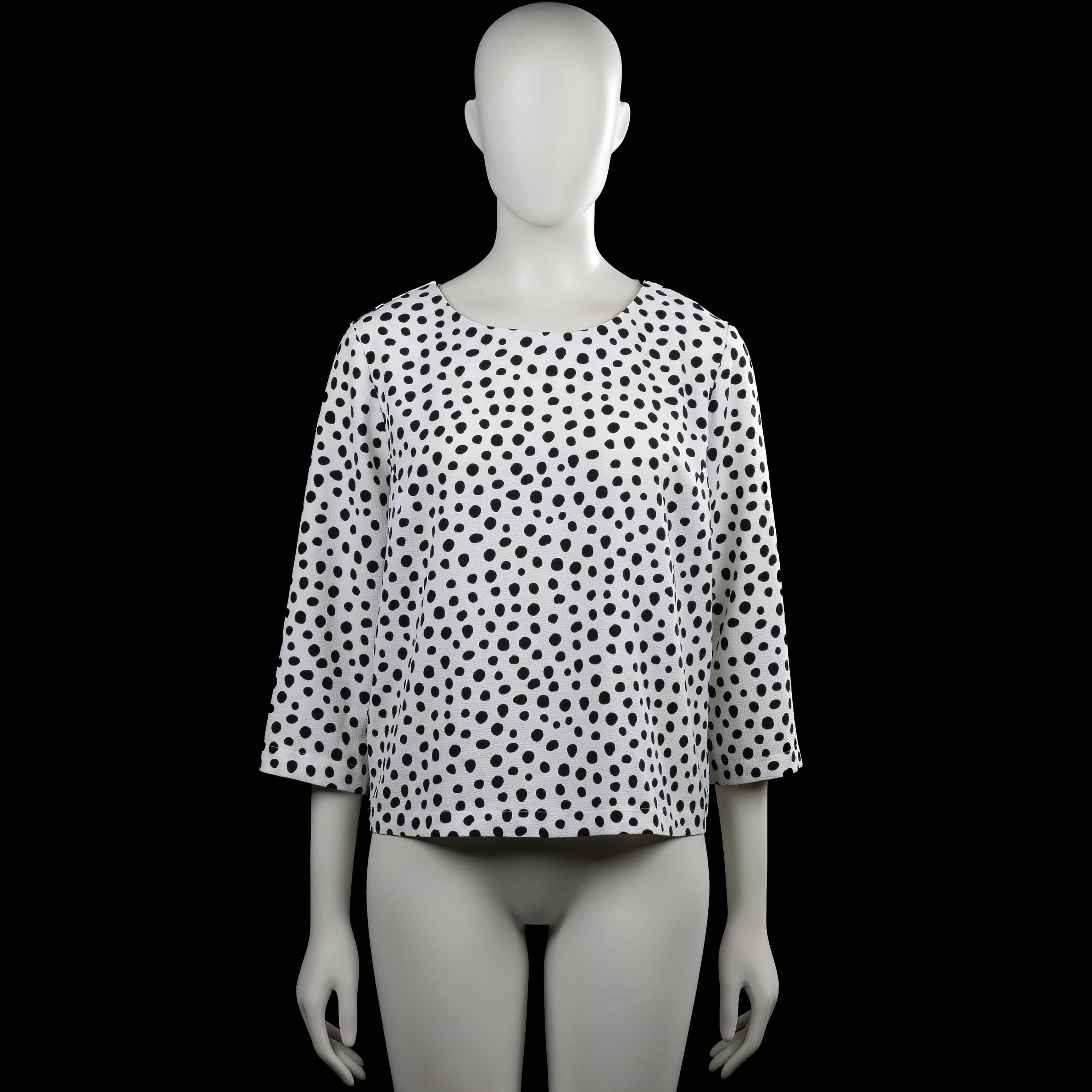 Opus - Long-sleeve top - White & Black - Size 38 - White top with black polka-dot pattern and a round neckline. Three-quarter sleeves with plain cuffs and a straight hem.
