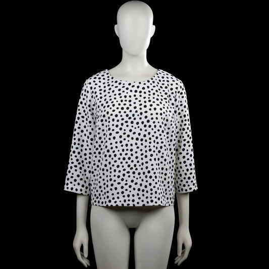 Opus - Long-sleeve top - White & Black - Size 38 - White top with black polka-dot pattern and a round neckline. Three-quarter sleeves with plain cuffs and a straight hem.