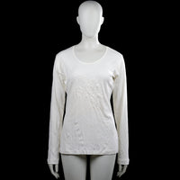 Ms Mode - Long-sleeve top - White - Size L - White solid long-sleeve top with a scoop neckline and straight hem. Features tonal floral embroidery on the front and plain cuffs.