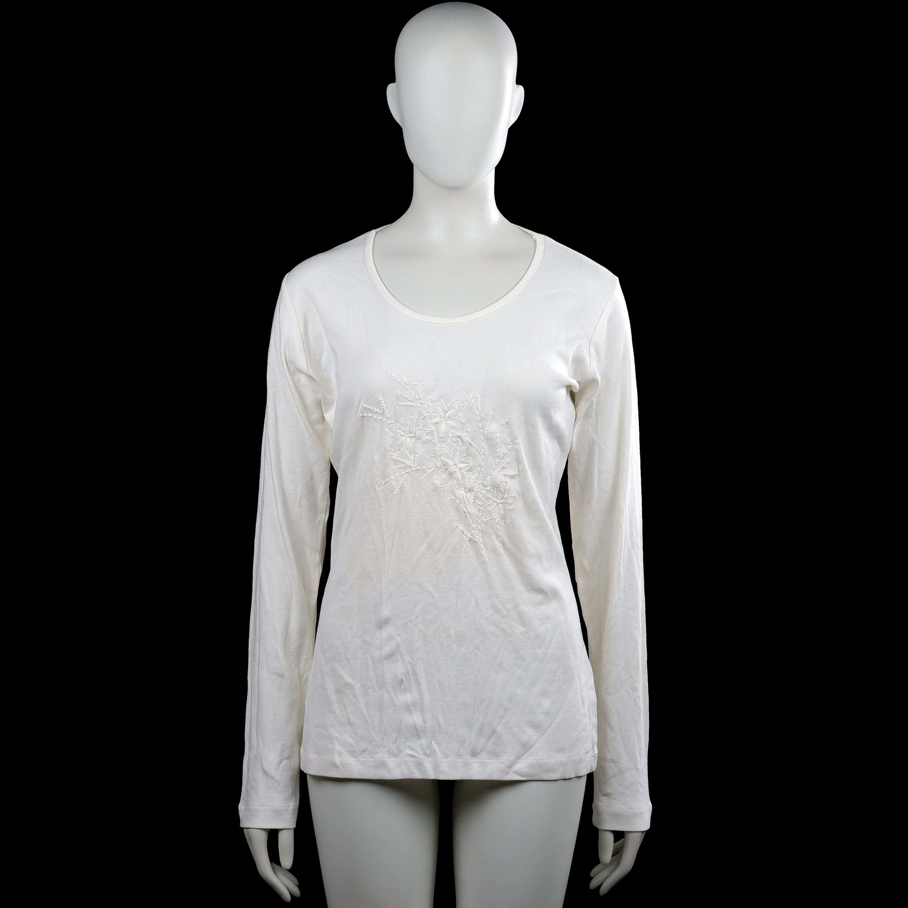 Ms Mode - Long-sleeve top - White - Size L - White solid long-sleeve top with a scoop neckline and straight hem. Features tonal floral embroidery on the front and plain cuffs.
