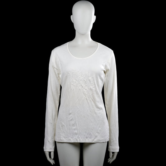 Ms Mode - Long-sleeve top - White - Size L - White solid long-sleeve top with a scoop neckline and straight hem. Features tonal floral embroidery on the front and plain cuffs.