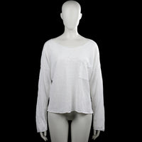 157 - Long-sleeve top - White - Size M - White solid long-sleeve top with a wide boat neckline and a chest patch pocket. Straight hem and plain cuffs with no visible closures.
