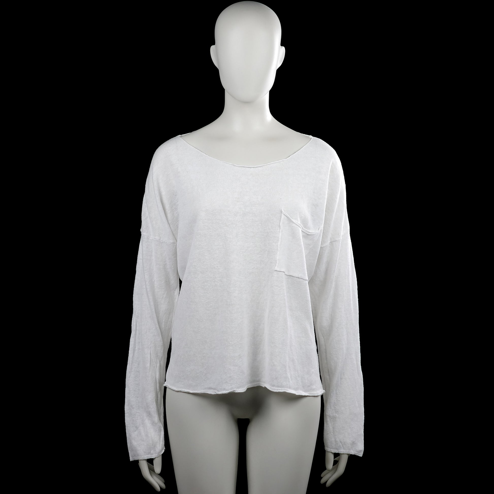 157 - Long-sleeve top - White - Size M - White solid long-sleeve top with a wide boat neckline and a chest patch pocket. Straight hem and plain cuffs with no visible closures.