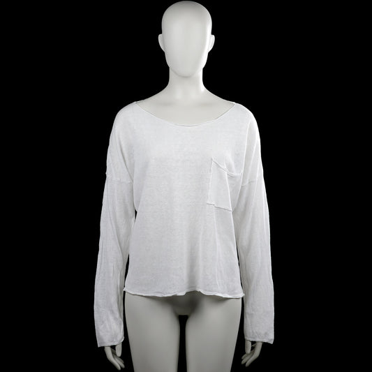 157 - Long-sleeve top - White - Size M - White solid long-sleeve top with a wide boat neckline and a chest patch pocket. Straight hem and plain cuffs with no visible closures.