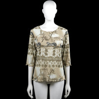 Long-sleeve top - Beige & Brown - Size L - Beige and brown top with an all-over scenic print and a round neckline. Features three-quarter sleeves with plain cuffs and a straight hem.