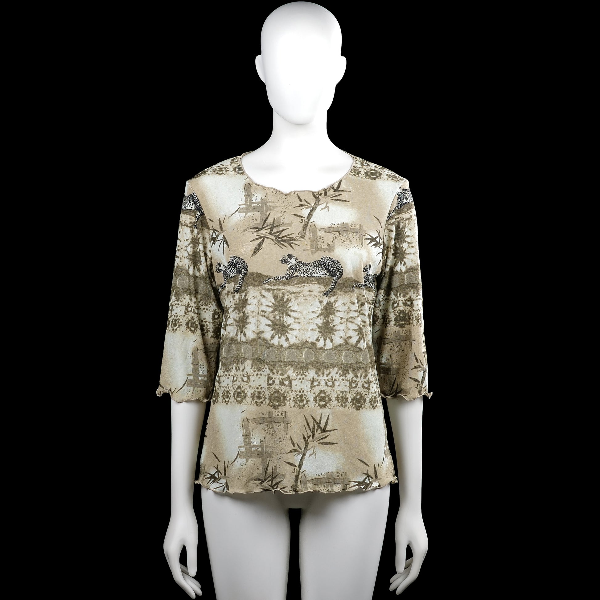 Long-sleeve top - Beige & Brown - Size L - Beige and brown top with an all-over scenic print and a round neckline. Features three-quarter sleeves with plain cuffs and a straight hem.