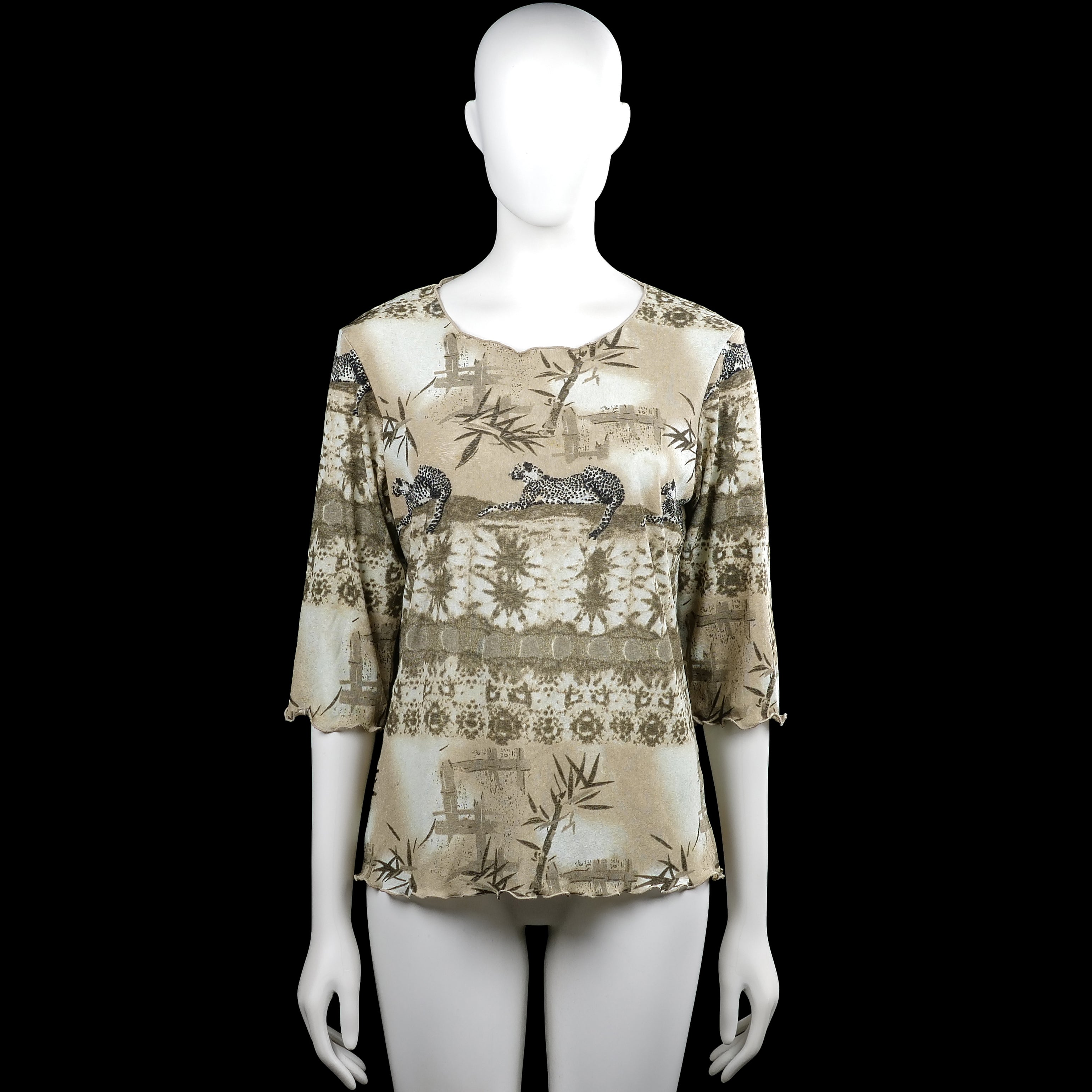 Long-sleeve top - Beige & Brown - Size L - Beige and brown top with an all-over scenic print and a round neckline. Features three-quarter sleeves with plain cuffs and a straight hem.