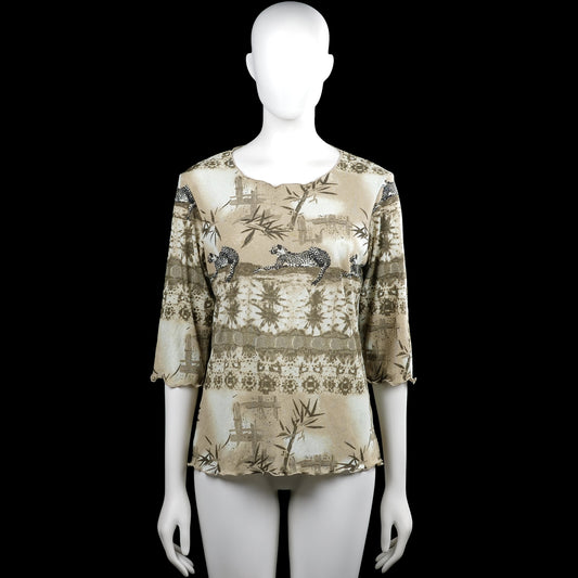 Long-sleeve top - Beige & Brown - Size L - Beige and brown top with an all-over scenic print and a round neckline. Features three-quarter sleeves with plain cuffs and a straight hem.