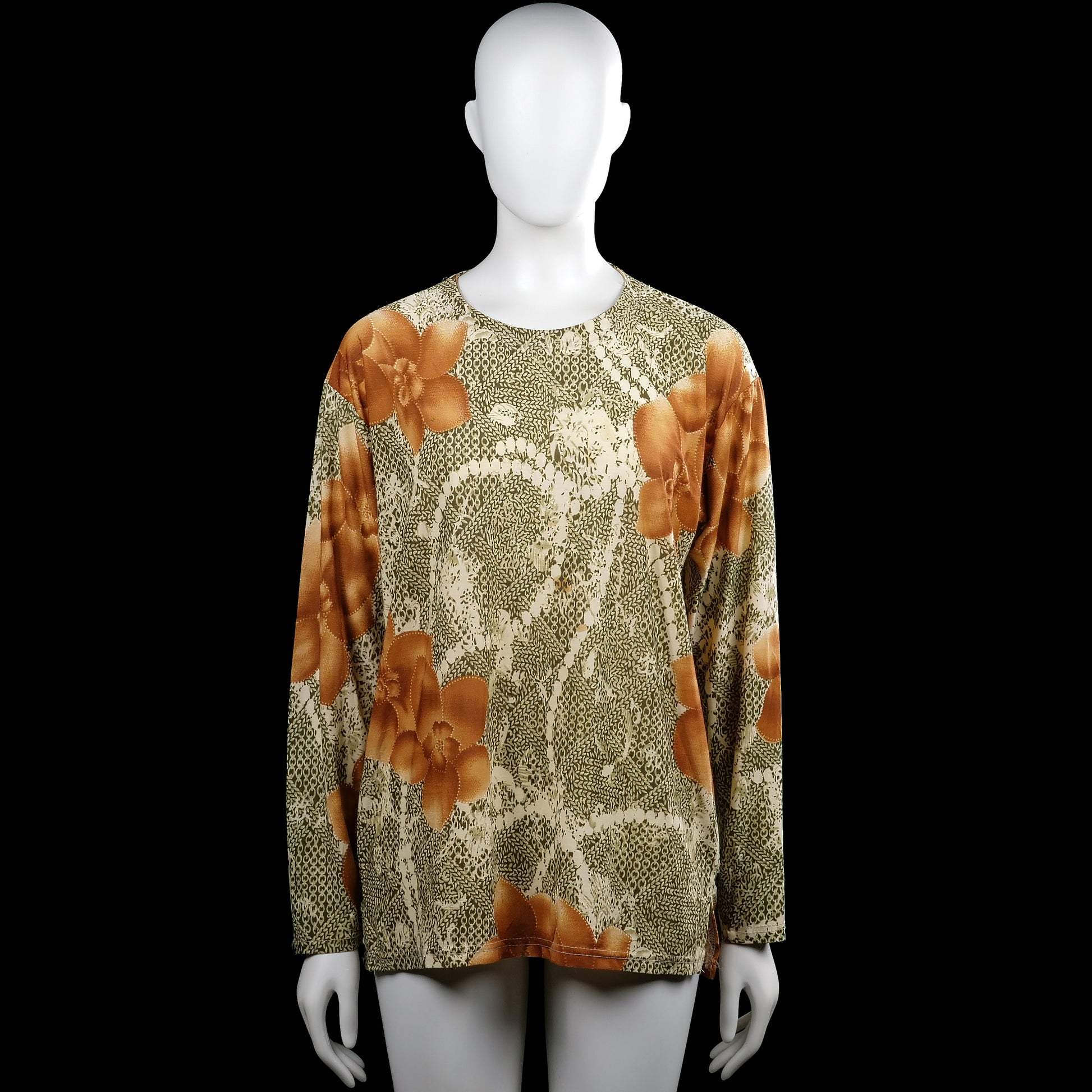 Mv - Long-sleeve top - Olive & Brown - Size M, L - Olive and brown floral top with a round neck and long sleeves. Straight hem and plain cuffs with no visible closures.