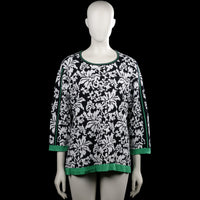 Noble - Long-sleeve top - Black & White - Size L - Black and white floral patterned top with a round neckline and three-quarter sleeves. Features green trim at the neckline, sleeve cuffs, and straight hem.