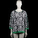 Noble - Long-sleeve top - Black & White - Size L - Black and white floral patterned top with a round neckline and three-quarter sleeves. Features green trim at the neckline, sleeve cuffs, and straight hem.