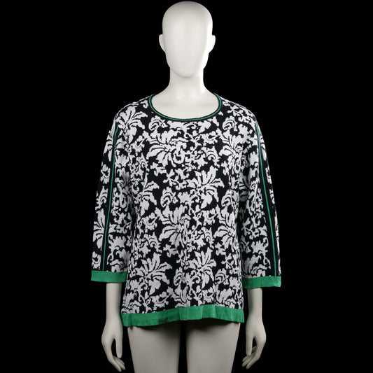 Noble - Long-sleeve top - Black & White - Size L - Black and white floral patterned top with a round neckline and three-quarter sleeves. Features green trim at the neckline, sleeve cuffs, and straight hem.
