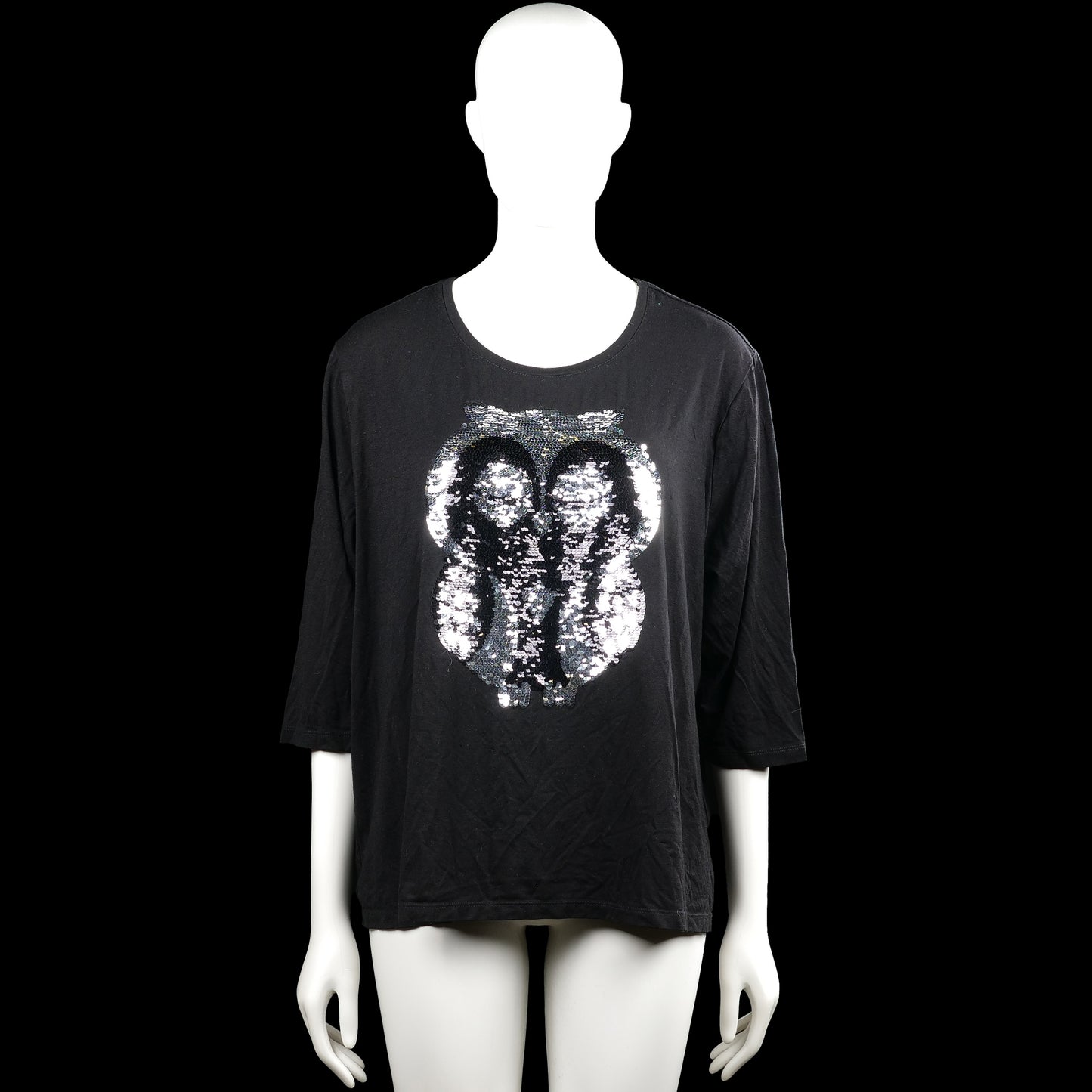 Sparkle canda - Long-sleeve top - Black - Size XL - Black solid top with a scoop neckline and three-quarter sleeves with plain cuffs. Features a large sequin owl graphic on the front and a straight hem.