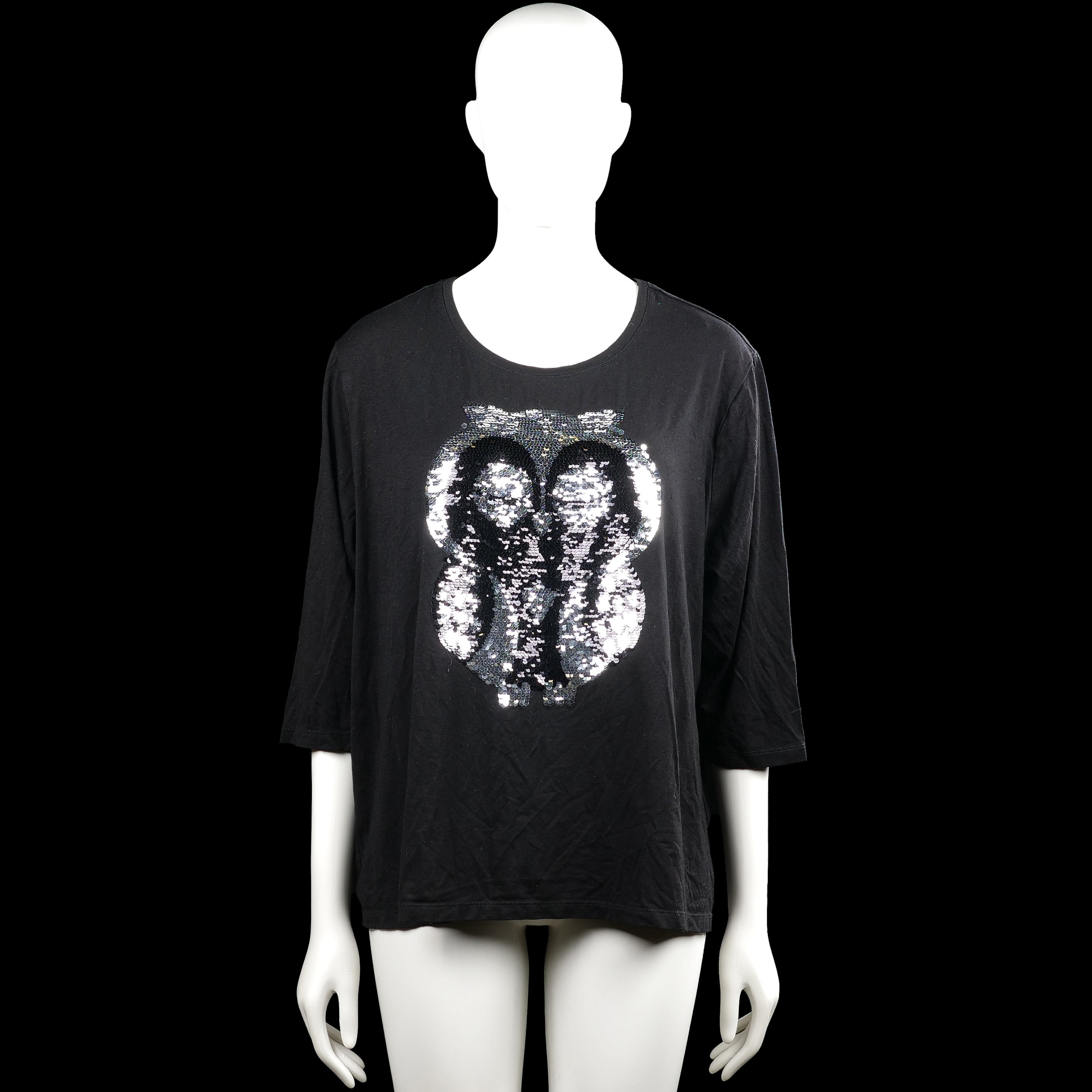Sparkle canda - Long-sleeve top - Black - Size XL - Black solid top with a scoop neckline and three-quarter sleeves with plain cuffs. Features a large sequin owl graphic on the front and a straight hem.