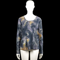 Biaggini - Long-sleeve top - Navy & Beige - Size L - Navy and beige long-sleeve top with a scoop neckline and a mixed repeating pattern. Straight hem and plain cuffs.