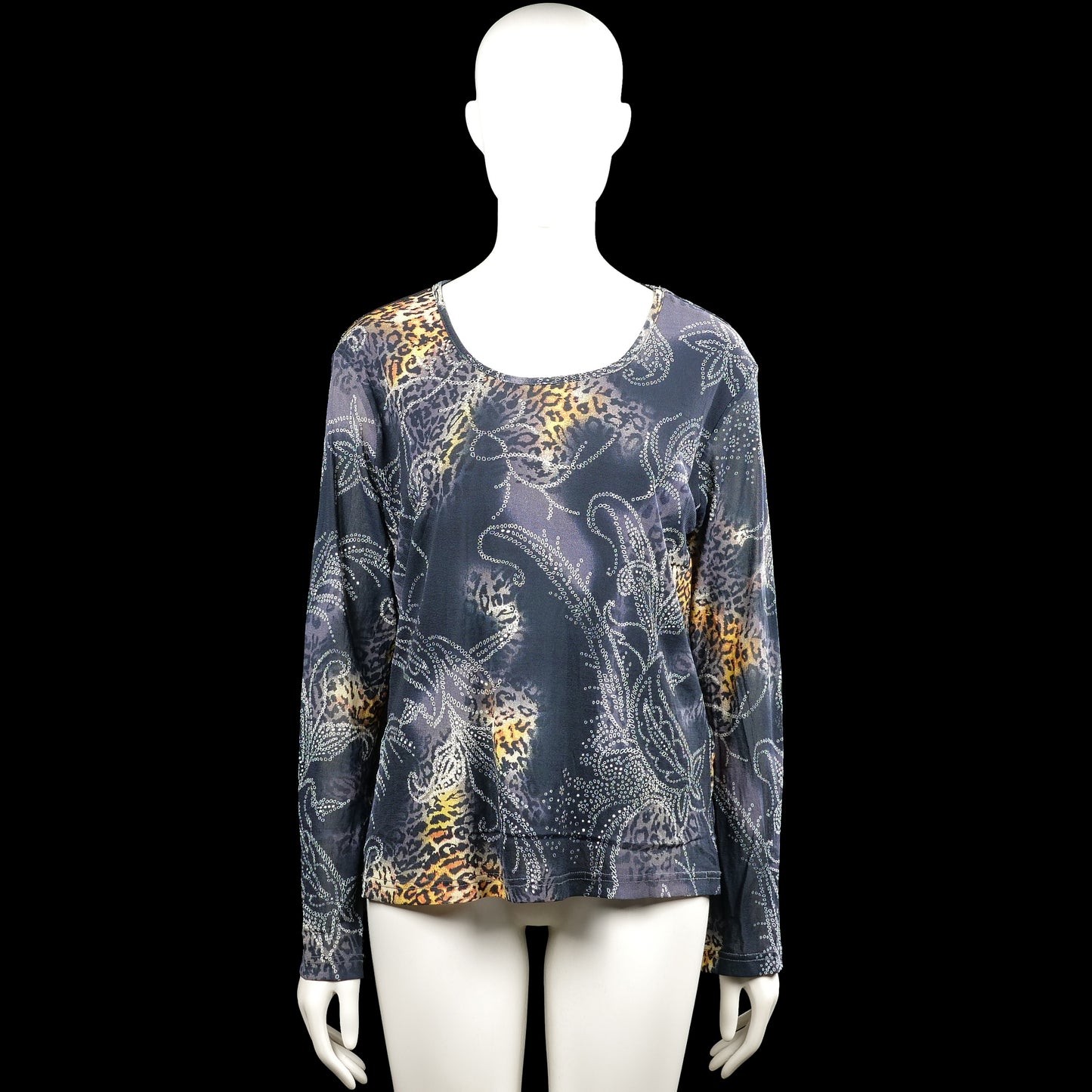Biaggini - Long-sleeve top - Navy & Beige - Size L - Navy and beige long-sleeve top with a scoop neckline and a mixed repeating pattern. Straight hem and plain cuffs.