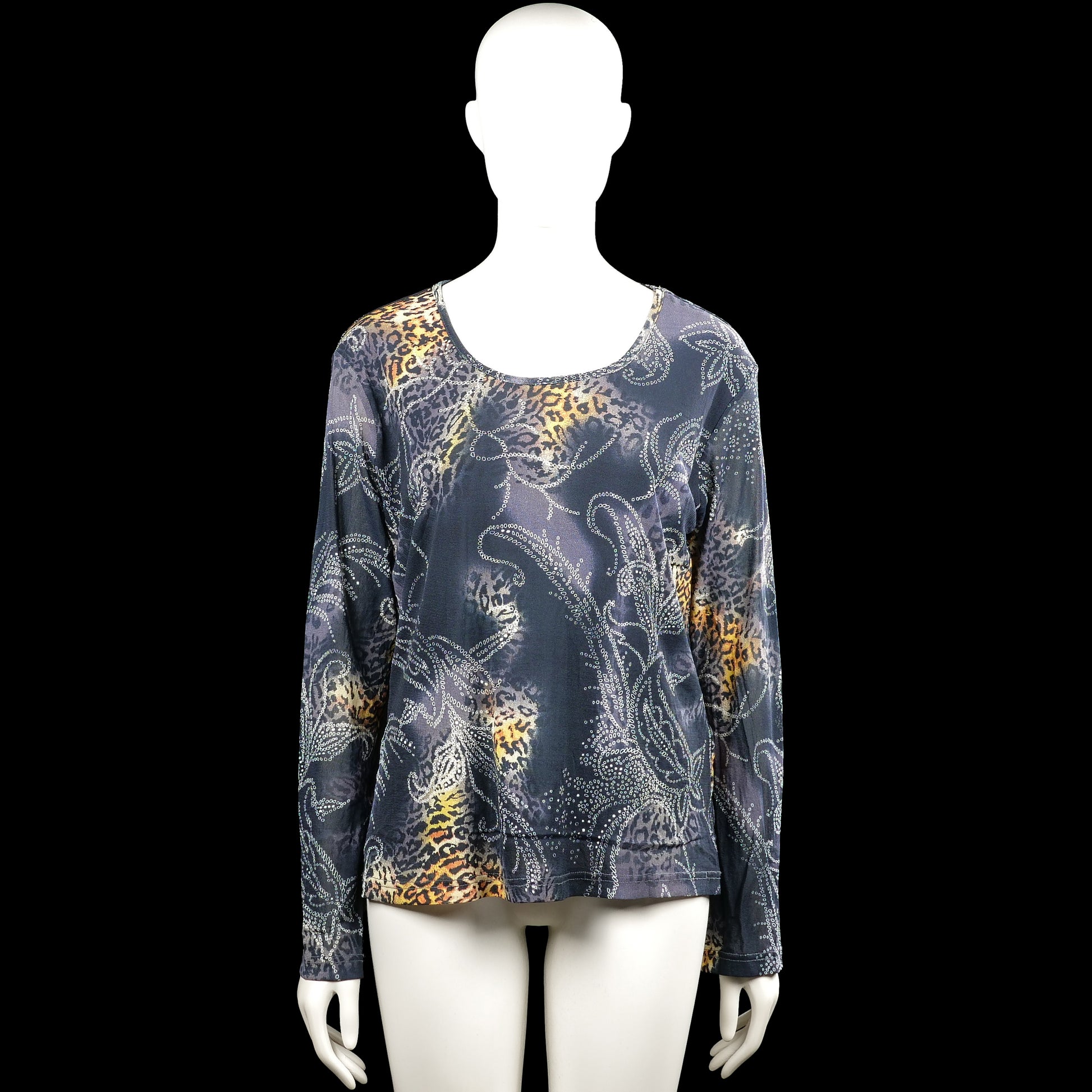 Biaggini - Long-sleeve top - Navy & Beige - Size L - Navy and beige long-sleeve top with a scoop neckline and a mixed repeating pattern. Straight hem and plain cuffs.