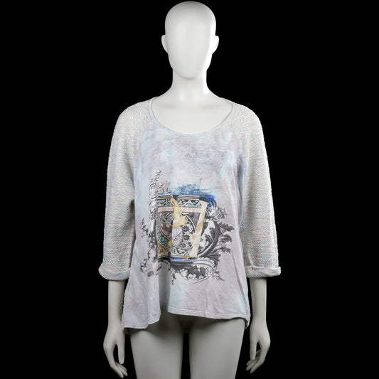 Etam - Long-sleeve top - Ivory & Light Blue - Size XXL - Ivory and light blue top with a scoop neckline and three-quarter sleeves with plain cuffs. Features a printed graphic on the front and a straight hem.