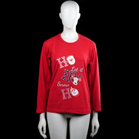 Baray - Long-sleeve top - Red - Size L - Red long-sleeve top with a round neck and straight hem. Features a large Christmas-themed front graphic with text and character illustrations.
