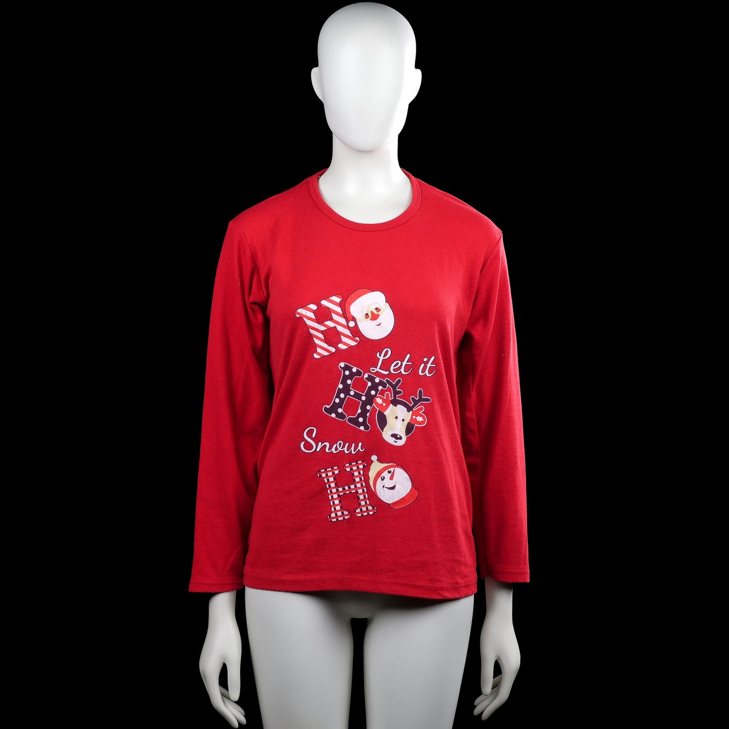 Baray - Long-sleeve top - Red - Size L - Red long-sleeve top with a round neck and straight hem. Features a large Christmas-themed front graphic with text and character illustrations.