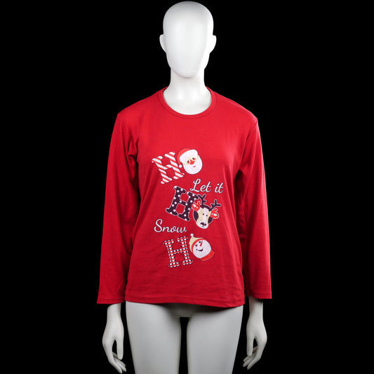 Baray - Long-sleeve top - Red - Size L - Red long-sleeve top with a round neck and straight hem. Features a large Christmas-themed front graphic with text and character illustrations.