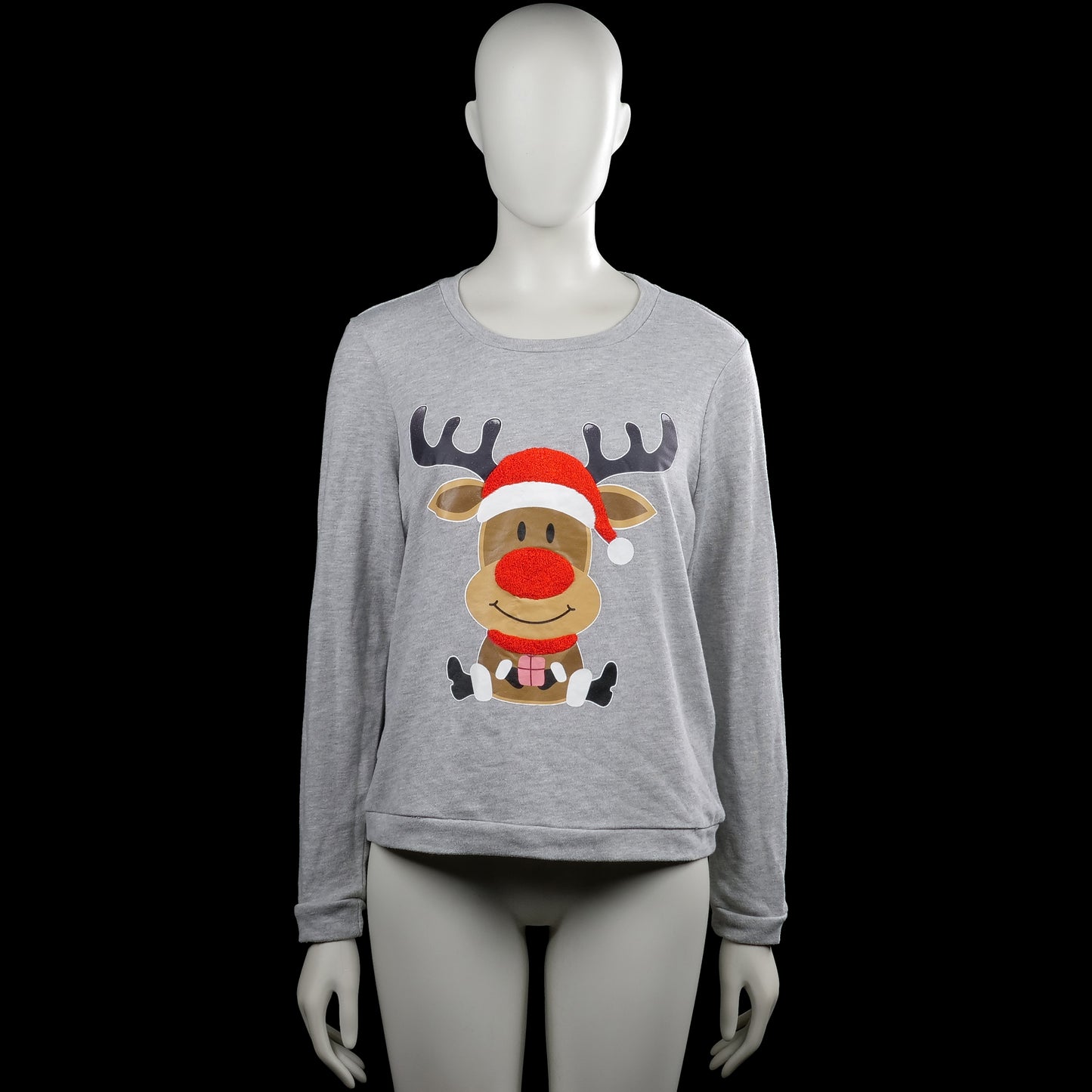 Vero Moda - Long-sleeve top - Light Gray - Size M - Light gray long-sleeve top with a round neck and straight hem. Features a large reindeer graphic print on the front.