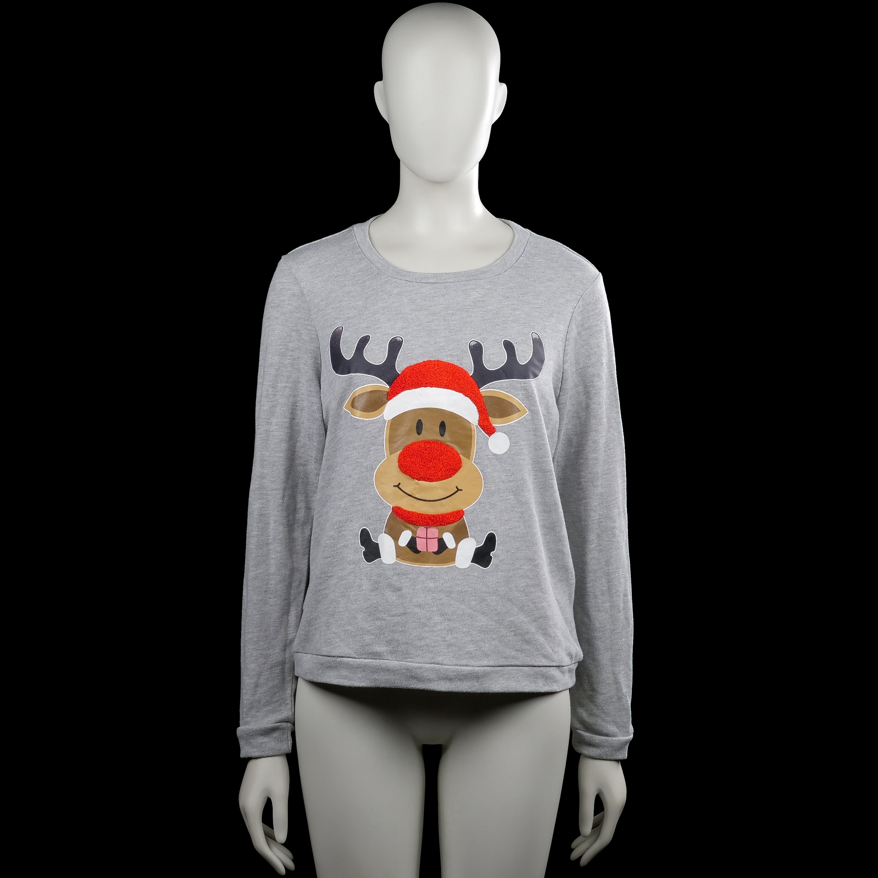 Vero Moda - Long-sleeve top - Light Gray - Size M - Light gray long-sleeve top with a round neck and straight hem. Features a large reindeer graphic print on the front.