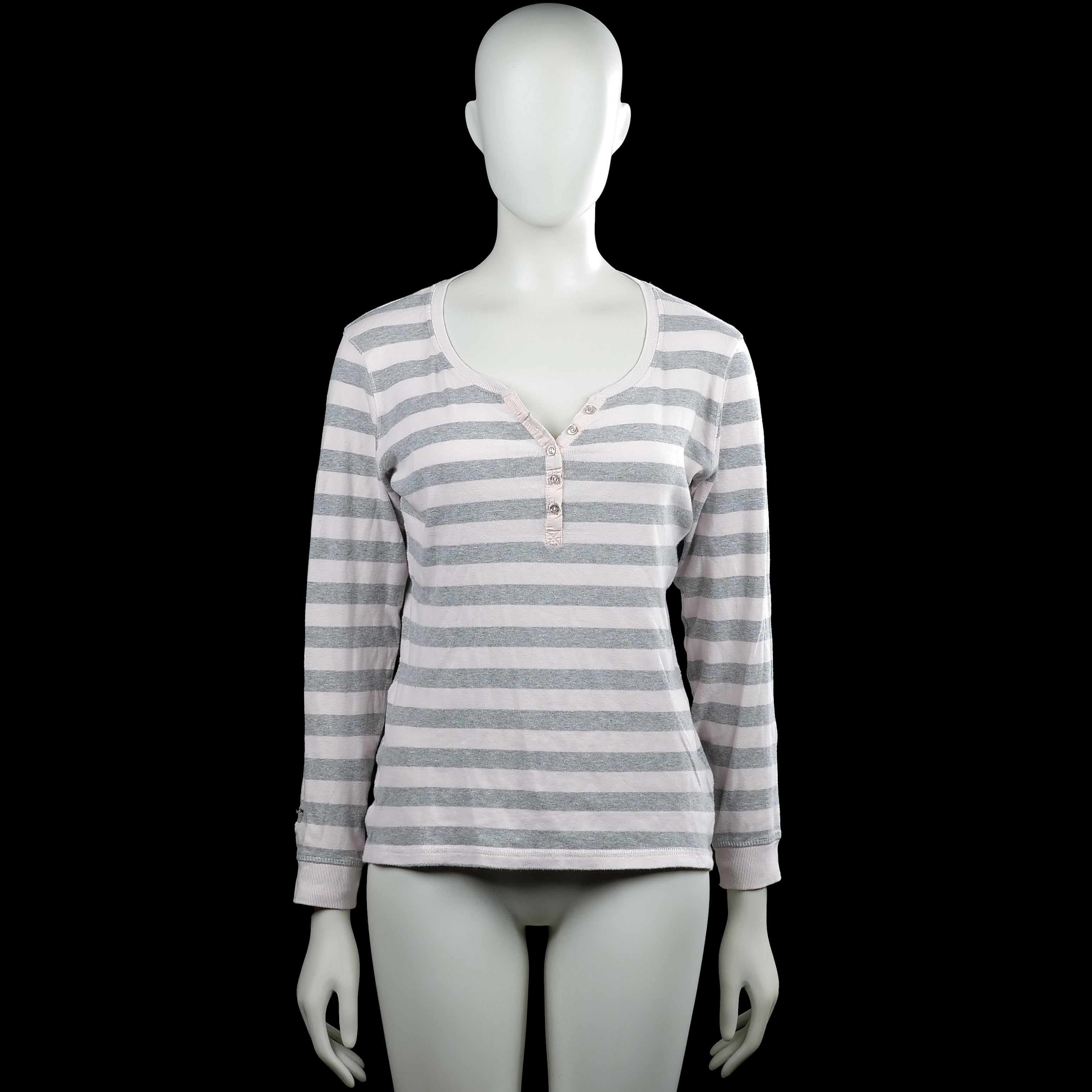 Janina - Long-sleeve top - White & Gray - Size 42 - White and gray striped long-sleeve top with a scoop neckline and short button placket at the front. Features ribbed cuffs and a straight hem.