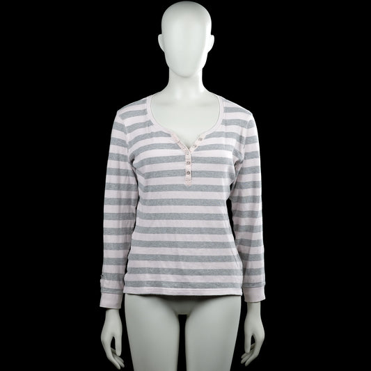 Janina - Long-sleeve top - White & Gray - Size 42 - White and gray striped long-sleeve top with a scoop neckline and short button placket at the front. Features ribbed cuffs and a straight hem.