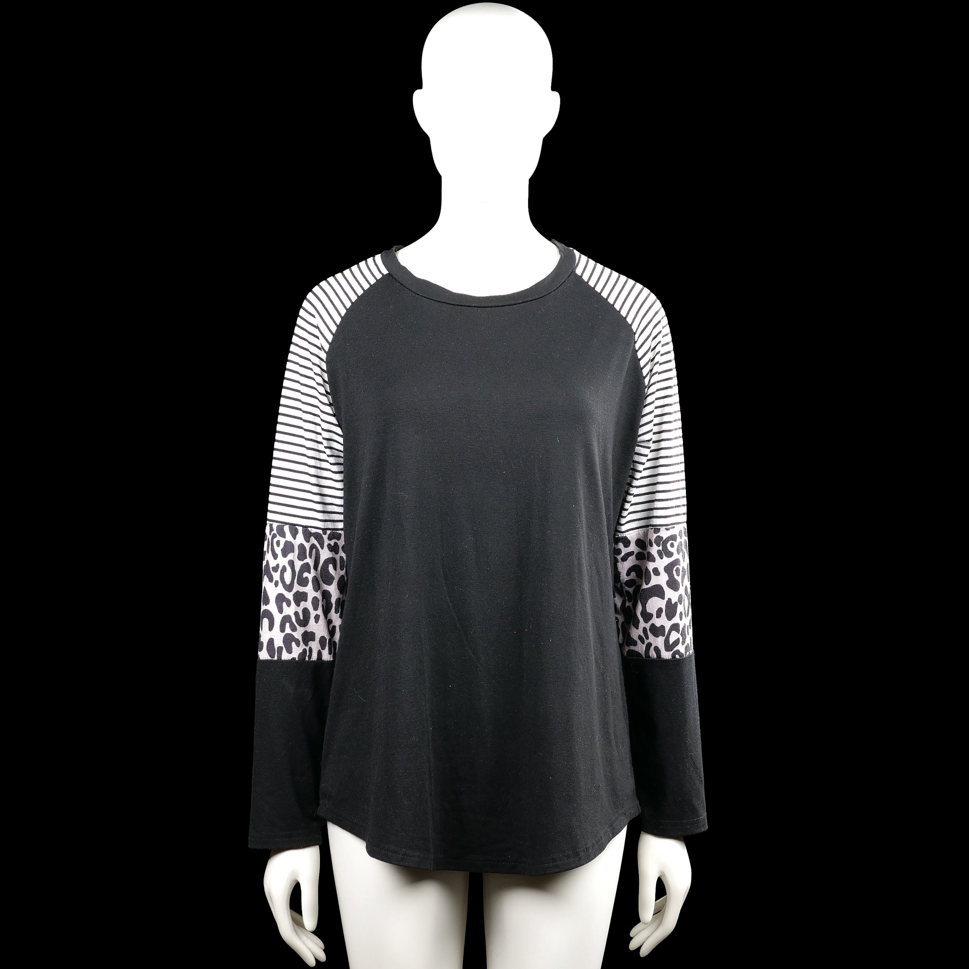 Long-sleeve top - Black & White - Size XL - Black top with a round neck and long raglan sleeves in white with black stripes and a leopard print panel near the elbows. Straight hem and plain cuffs.