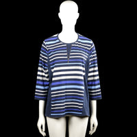Micha - Long-sleeve top - Navy & White - Size XL - Navy and white striped top with a round neckline and a short center zip at the front. Three-quarter sleeves with plain cuffs and a straight hem.