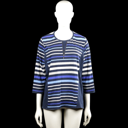 Micha - Long-sleeve top - Navy & White - Size XL - Navy and white striped top with a round neckline and a short center zip at the front. Three-quarter sleeves with plain cuffs and a straight hem.