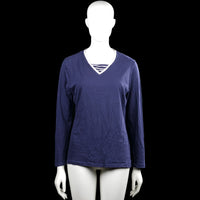 John cabot - Long-sleeve top - Navy & White - Size L - Navy long-sleeve top with a V-neck and a white trim at the neckline. Straight hem and plain cuffs, with a visible white-and-navy striped inset at the chest.